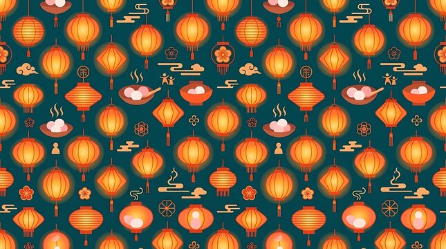 Vibrant seamless pattern of glowing chinese lanterns and festive food
