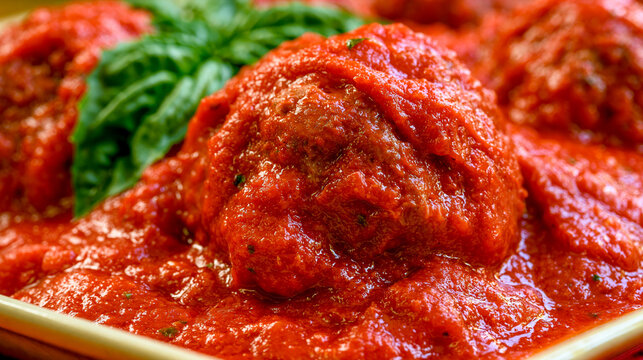 Close up of delicious homemade meatballs in rich tomato sauce with fresh green basil