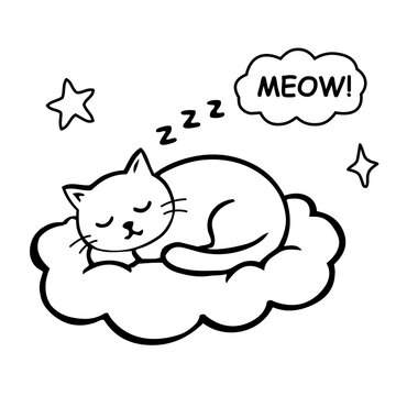 cat sleeping on the cloud doodle on transparent background