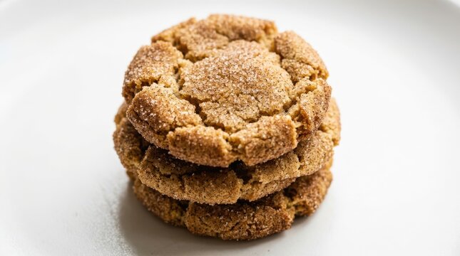 Stack of three round snickerdoodle sugar cookies on white plate