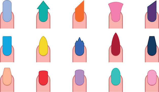 Manicure Nail Shapes Guide Vector Icon Set Featuring Various False Extension Types Like Stiletto Coffin Almond Square and Oval Styles for Beauty Salon Infographics