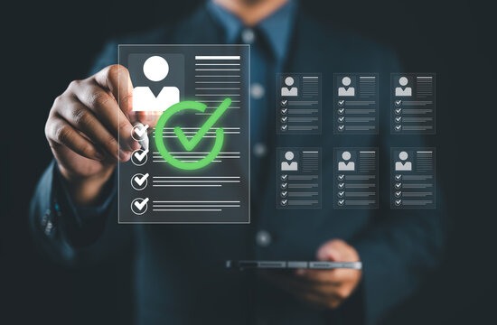Business professional reviewing candidate profiles with a digital checklist, symbolizing recruitment, hiring, employee screening, HR management, talent acquisition and recruitment process.