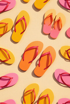 Colorful beach flip flops background pattern in pink, orange and yellow tones