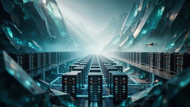 Futuristic server room with glowing blue crystal formations and server racks