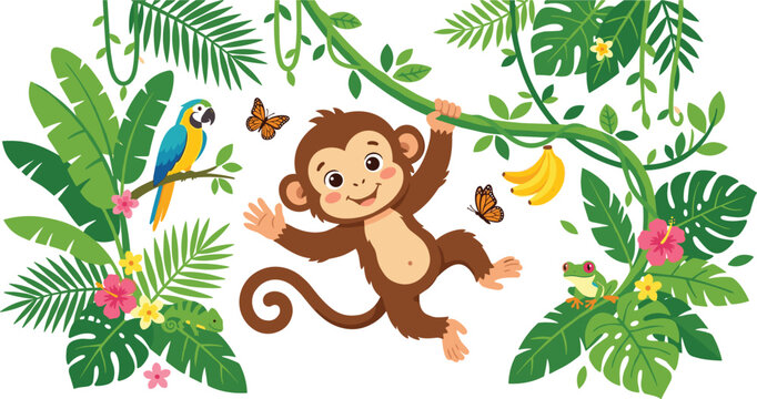 Cute cartoon monkey hanging on tropical jungle vine with macaw parrot banana fruits hibiscus flowers and rainforest leaves vector illustration