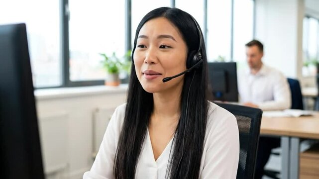 Smiling Asian Female Call Center Agent Working with Headset in Modern Office