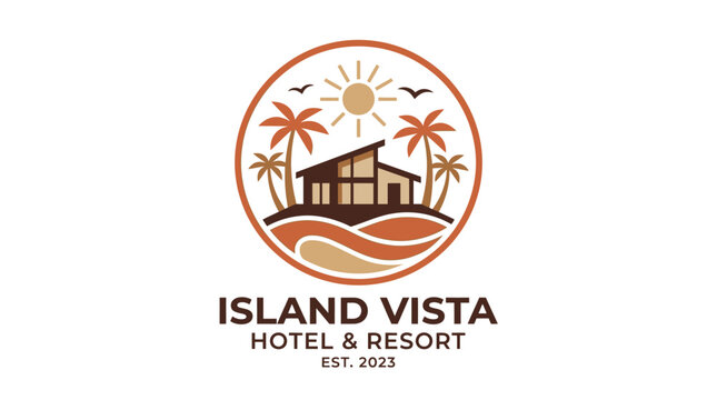 Island Vista Hotel  Resort Logo with Palm Trees and Sun.