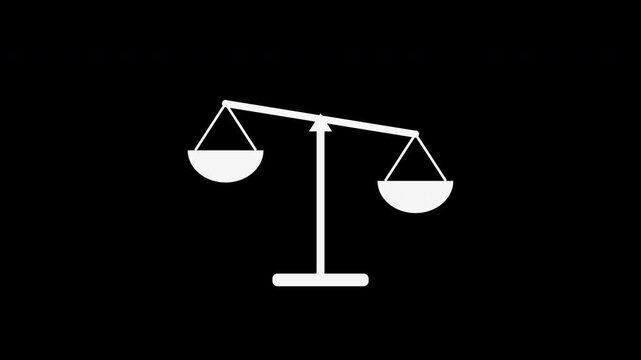Tilting balance scale swinging gently, flat motion graphic overlay on transparent background, white