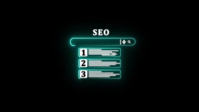 SEO ranking search results on GLOWING NEON with digital interface.4k video motion graphics ..