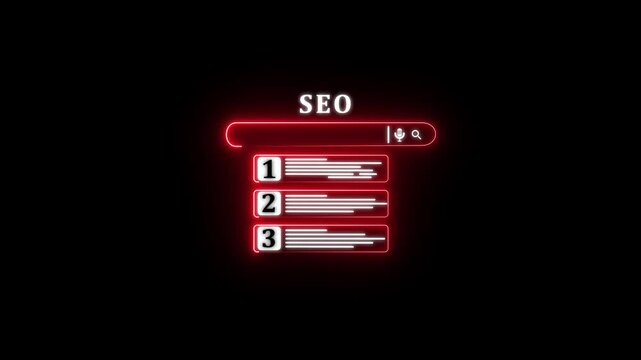 SEO ranking search results on GLOWING NEON with digital interface.4k video motion graphics ..