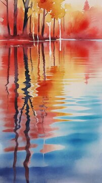 Watercolor Autumn Landscape Reflection Generative AI