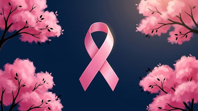 Pink Ribbon with Pink Cherry Blossom Trees for Breast Cancer Awareness Month Dark Background Banner