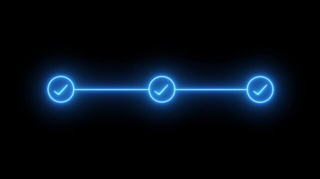 neon 3 step infographic process with check mark icon. infographic step by step process icon animation on black background, step process success with check marks. Step-by-Step Guide: Business Steps. .