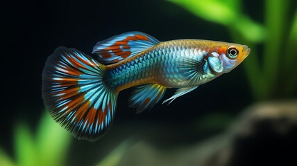 Fototapeta premium A close-up photograph of a vibrant guppy fish swimming gracefully in a lush underwater environment with soft background lighting