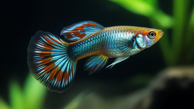 A close-up photograph of a vibrant guppy fish swimming gracefully in a lush underwater environment with soft background lighting