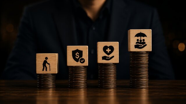 Insurance Protection, Healthcare Benefits and Retirement Planning Concept with Wooden Blocks on Coin Stacks in Business Finance Background