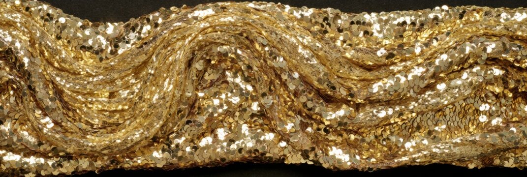 A backdrop made of gold sequins flows in a wave pattern, providing a smooth texture. There is ample space available for additional content.