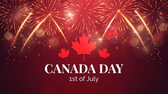 Elegant typography displays "CANADA DAY" in large white serif letters with "1st of July" beneath in a modern sans-serif font. Soft cinematic lens flares, glowing bokeh lights, sparkling fireworks trai