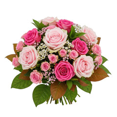 Naklejka premium A lush bouquet of vibrant pink and soft pastel roses with green leaves isolated on a transparent background