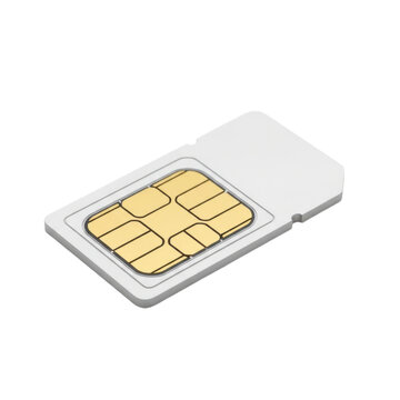 Close-up of a white SIM card with gold contacts against a clean white background