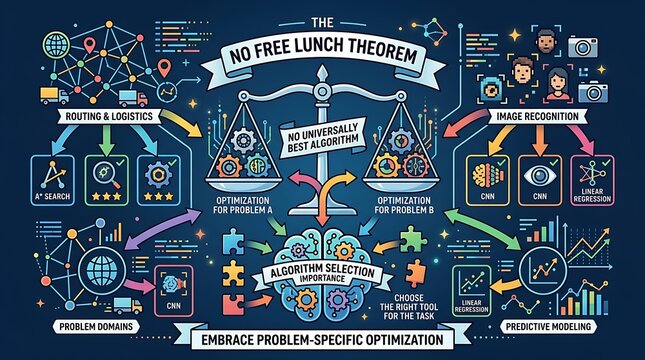 No free lunch theorem infographic for machine learning and algorithms