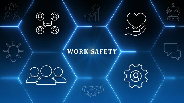 Work safety concept. Safety at workplace, safety first, hazards, protections, health, regulations and group insurance. Working standard process. Zero accidents. Operational excellence. HSE concept. 4K