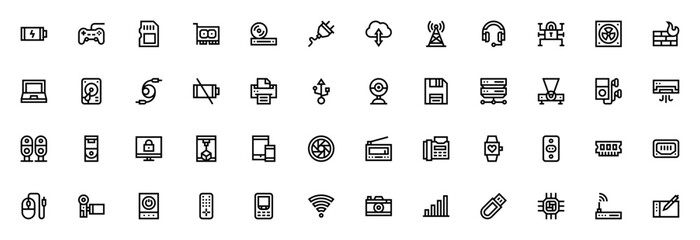 Electronics icon set. Minimal vector icons pack. Featuring battery, gamepad, sd card, graphic card, dvd player, plug, antenna and more. Editable vector stroke. © wang