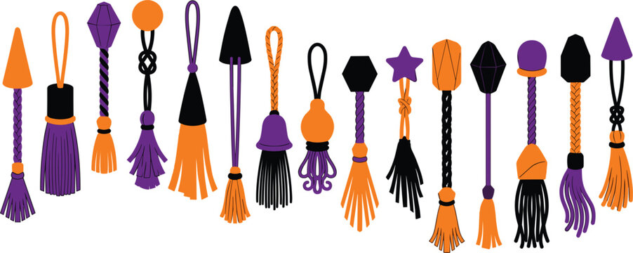 Halloween spooky decorative tassels and festive hanging ornament elements set with orange purple black fringe icons flat cartoon vector illustration
