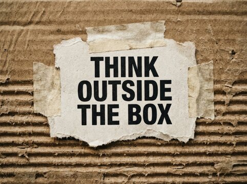 Think outside the box Concept, torn paper with black text adheres to corrugated cardboard for innovation and problem-solving inspiration.