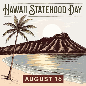 Vintage Hawaii Statehood Day Poster with Diamond Head and Palm Tree