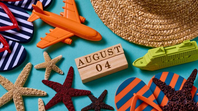 August 4 calendar date surrounded by summer vacation travel accessories