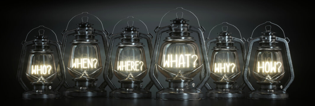 Who, When, Where, What, Why, How - Vintage Kerosene Lanterns - 3d illustration