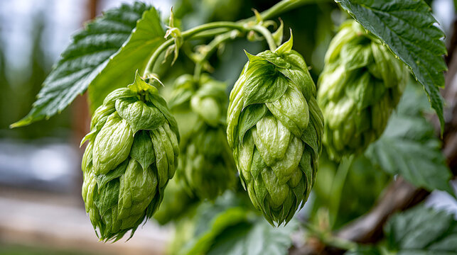 Fresh green hop cones growing on a vine in a hop garden with agriculture, ingredient