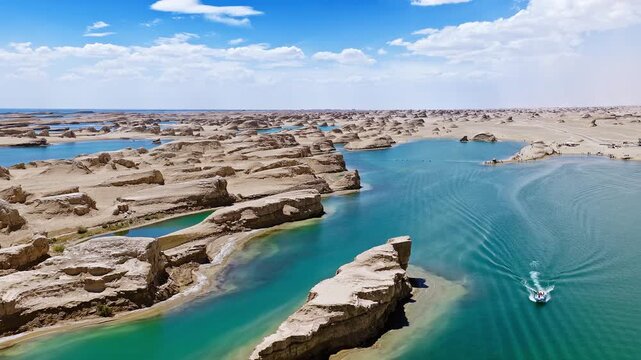 Aerial view of the water yardang landform with turquoise lake water under a sunny sky in Qinghai, China