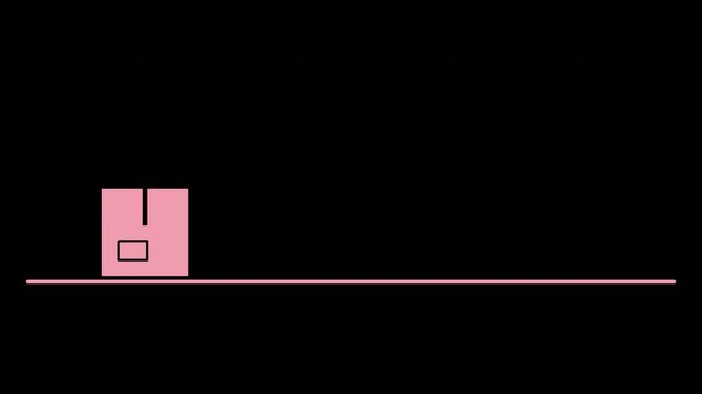 Cardboard parcel box bouncing across the screen, flat motion graphic overlay on transparent background, pink