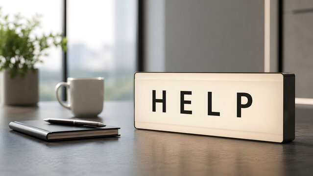 Customer support assistance concept featuring glowing lightbox typography spelling HELP on modern office workspace.