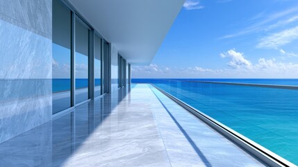 Obraz premium Modern balcony with glass railings overlooks serene ocean under clear blue sky and bright sunshine