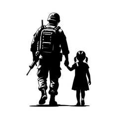 Fototapeta premium Soldier father walking with daughter, holding hands, black silhouette, concept of homecoming, family, love