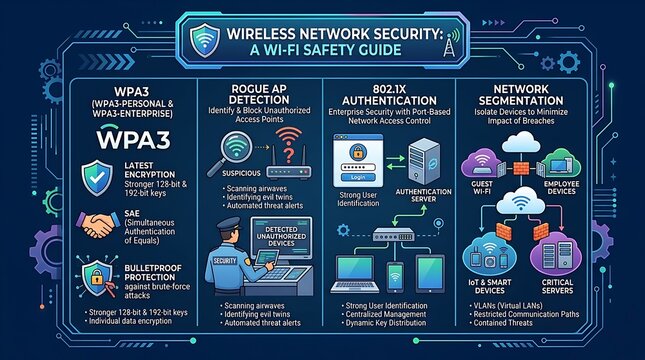 Wireless network security and wifi safety guide infographic