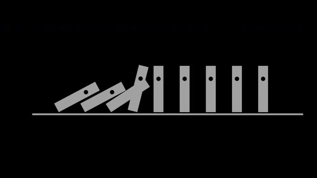 Dominoes falling in a chain reaction, flat motion graphic overlay on transparent background, gray