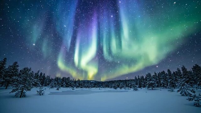 Aurora Borealis Dancing Over Snow Covered Forest Under Starry Night Sky 4K