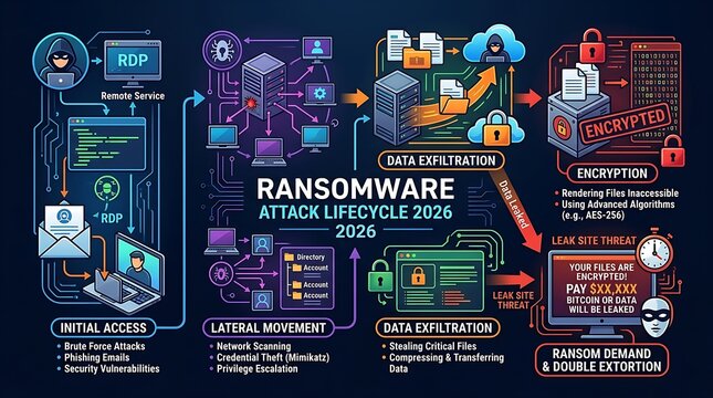 Cyber security ransomware attack lifecycle infographic 2026