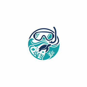 Minimalist scuba diving logo featuring a sea turtle and coral reef inside a snorkel mask frame.