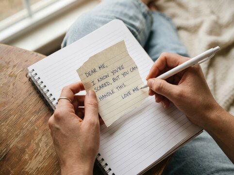 Handwriting a personal note of self-affirmation and encouragement in a notebook, symbolizing self-care and mental wellness.