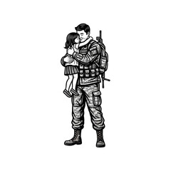 Fototapeta premium Soldier embraces daughter, emotional farewell, military family reunion, love, separation