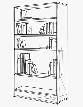 Wooden bookshelf full of books vector illustration. Home library shelving unit or office study room interior bookcase sketch line art.