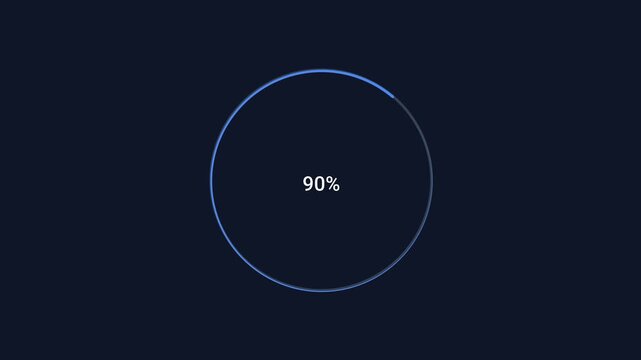Animated flat vector motion graphic featuring a circular percentage progress indicator displaying 90 percent on a dark background. Ideal for loading screens, dashboards, user interfaces, and technolog