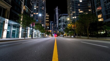 Naklejka premium Empty city street at night flanked by illuminated skyscrapers, trees, and glowing windows under dark sky