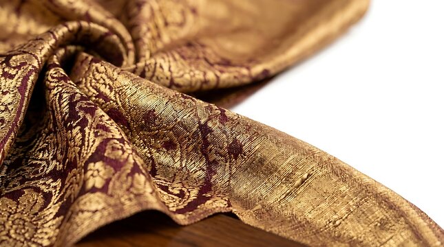 Elegant gold and maroon brocade silk fabric with intricate patterns