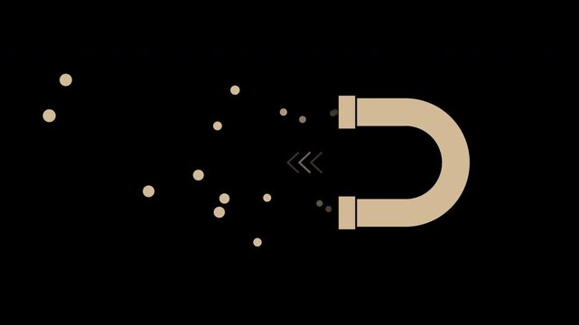 Horseshoe magnet attracting particles, flat motion graphic overlay on transparent background, beige